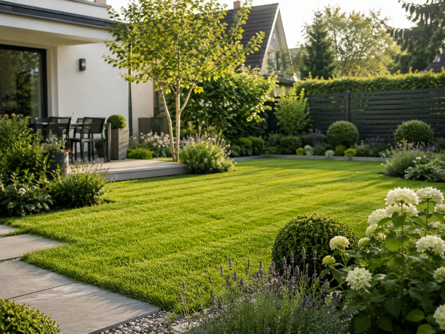 Gepflegter Garten mit Rasen und Beeten